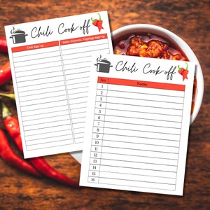 Chili Cook-off Sign Up Sheet | Chili Cook Off Sheet | Chili Cookoff | Potluck Sign up Sheet | Printable Chili Cook Off Sign Up Sheet