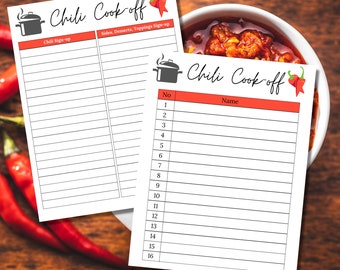 Chili Cook-off Sign Up Sheet | Chili Cook Off Sheet | Chili Cookoff | Potluck Sign up Sheet | Printable Chili Cook Off Sign Up Sheet