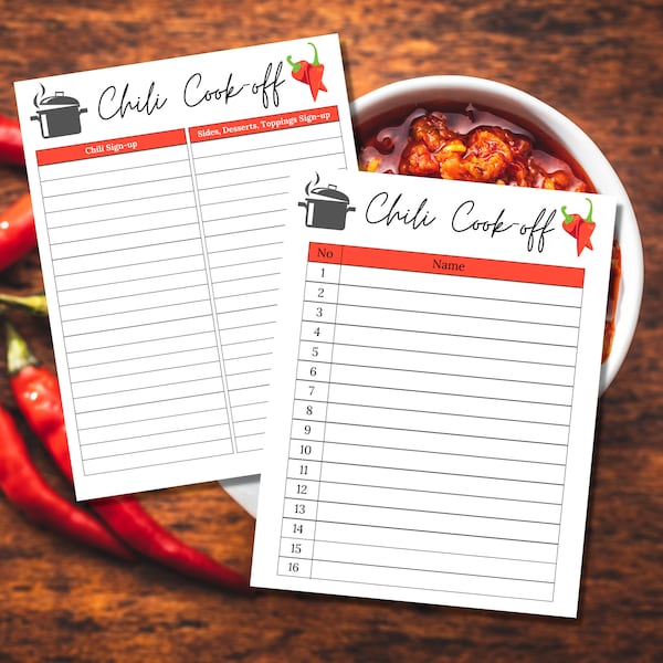 Chili Cook-off Sign Up Sheet | Chili Cook Off Sheet | Chili Cookoff | Potluck Sign up Sheet | Printable Chili Cook Off Sign Up Sheet