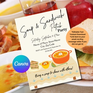 Puede incluir: Una invitación a una fiesta de comida compartida de sopa y sándwiches el 15 de septiembre. La invitación presenta una ilustración de dibujos animados de un tazón de sopa, un sándwich y un cucharón. El texto de la invitación dice: "Soup & Sandwich Potluck Party", "Sábado, 15 de septiembre a las 7 pm", "Nombre del lugar, nombre de la calle", "Ciudad, código postal", "RSVP con Stephanie antes del 1 de septiembre", "123-456-7890", "¡Trae una sopa para compartir con los demás!" y "*Texto editable", "*Descarga instantánea", "*Enlace enviado a su correo electrónico a través de Etsy", "(comuníquese con el vendedor si no lo recibió)".