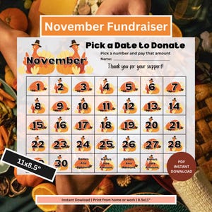 November Fundraiser Calendar | Pick a Date Fundraiser | Sports Fundraiser | School Calendar | Fundraising Calendar