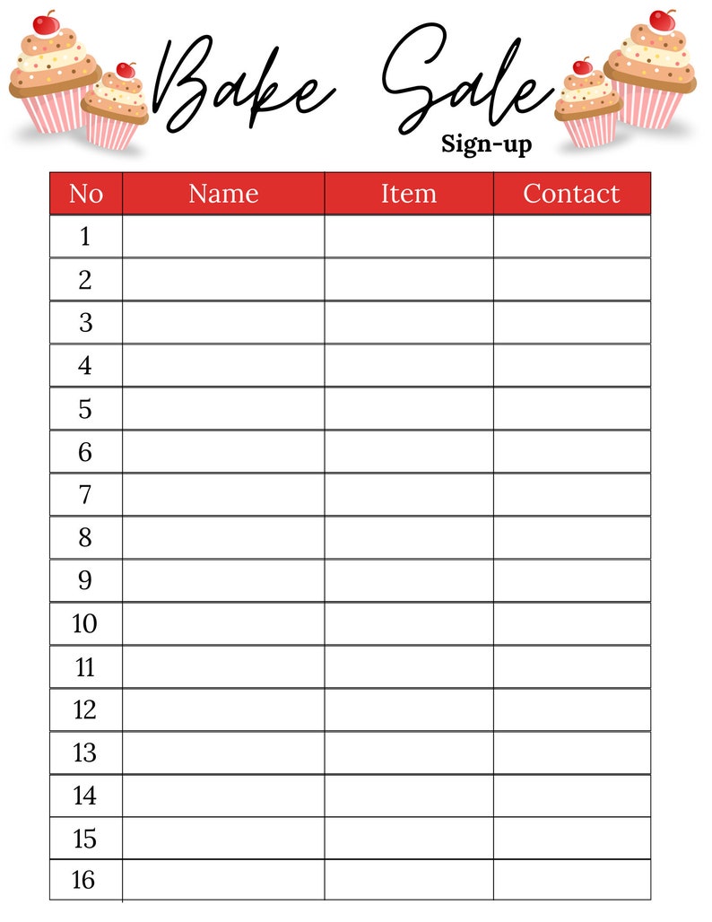 Bake Sale Sign up Sheet Bake Sale Sheet Printable Bake Sale Sign up
