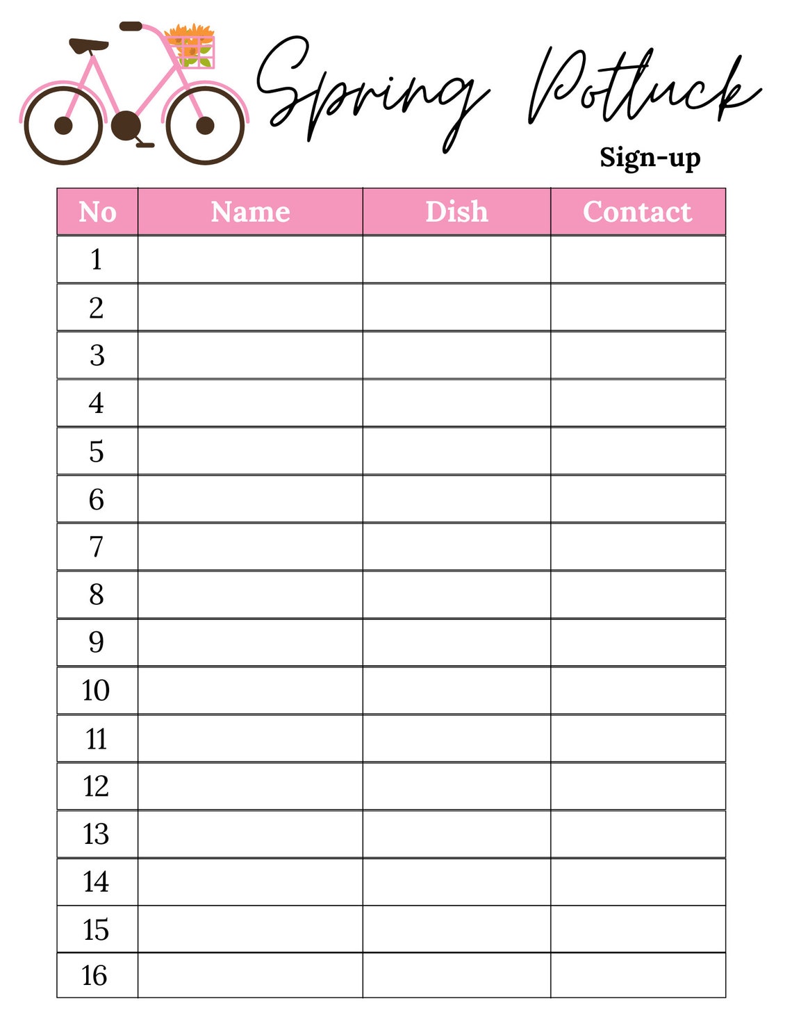 Spring Potluck Sign up Sheet Spring Potluck Sheet Spring Potluck ...