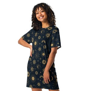 Celestial T-Shirt Dress: Gold Sun, Moon & Star Print - Mystical Boho Lounge