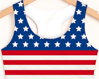 Girls American Flag Sports Bra, Patriotic Stars & Stripes Activewear