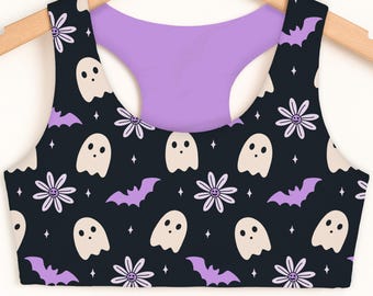 Girls Floral Ghost Sports Bra, Kids Halloween Racerback Top, Children's Bat Gymnastics Bra, Purple Ghost Dance Top, Spooky Activewear