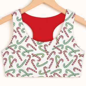 Girls Red & Green Candy Cane Christmas Sports Bra