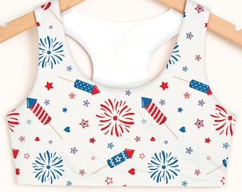 Girls' 4th of July Sports Bra, Fireworks Activewear
