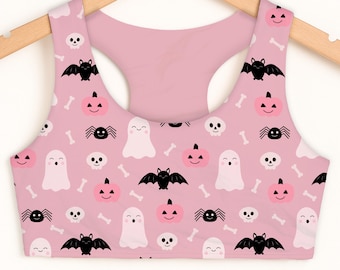 Girls Halloween Sports Bra: Pink Ghost & Bats, Dance Gymnastics Top