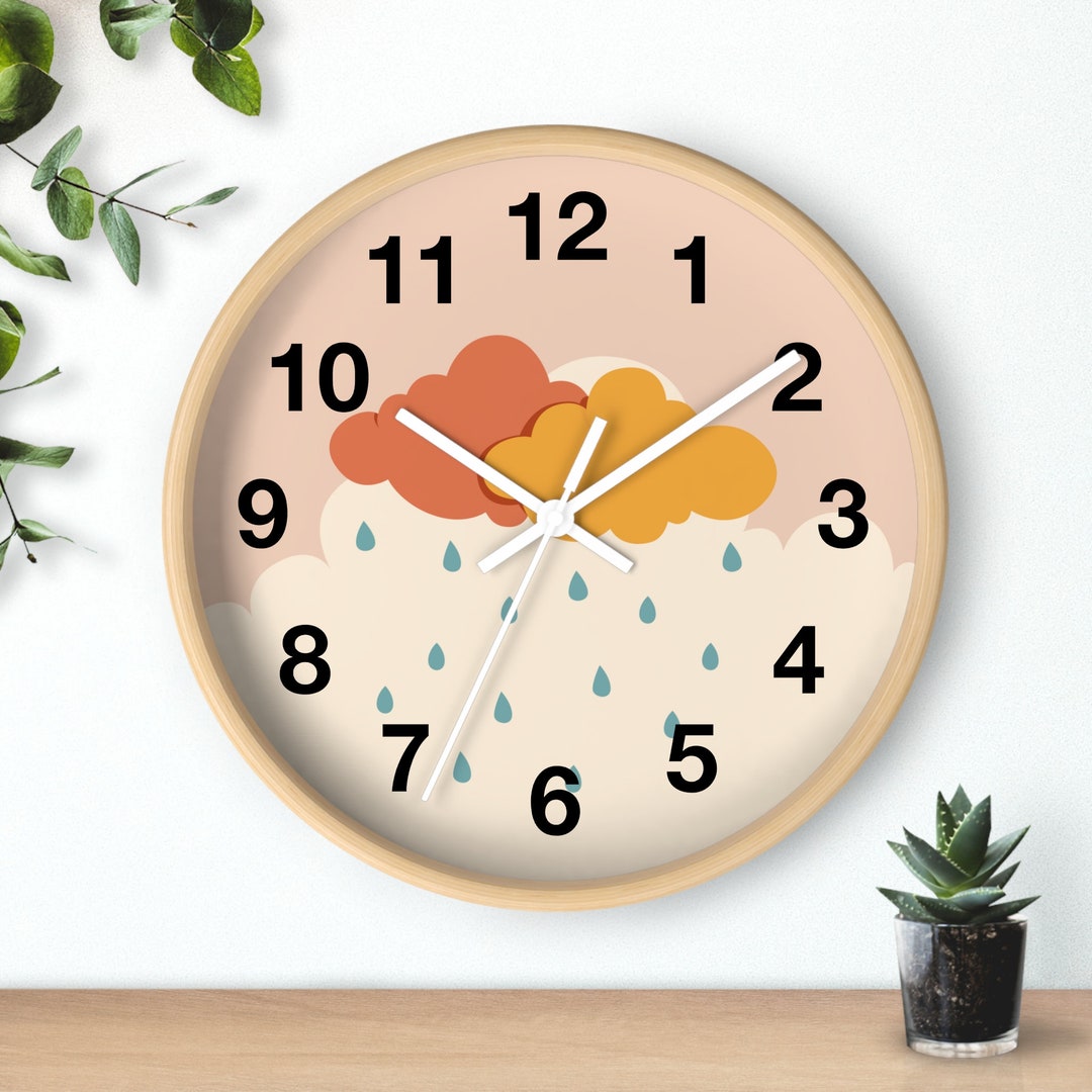 Raining Clouds Wall Clock Nursery Room Decor Kids Bedroom Clock Home