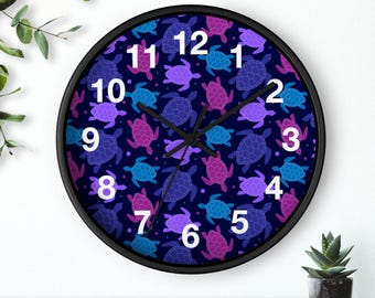 Purple Turtle Girls Silent Wood Wall Clock: Ocean Nursery Theme