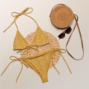 Women&#39;s Yellow Retro Flower Buttery Soft Recycled String Bikini With UPF 50+