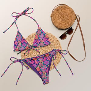 Women&#39;s Bright Retro Floral Buttery Soft Recycled String Bikini With UPF 50+