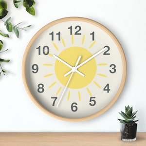 Yellow Sun Silent Wood Wall Clock, Kids Room Decor, Nursery Wall Clock, Gift For Children, Spring Clock With Numbers, Quiet Clock