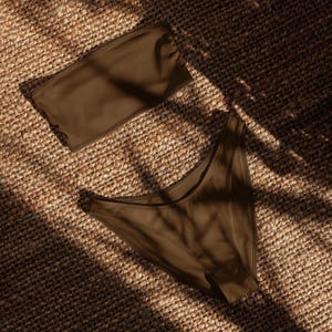 Women's Brown Bandeau Bikini, Earth Tone Recycled Strapless Swimsuit Set, High Cut V-Bottom, Minimalist Eco Friendly Swimwear