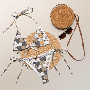 Women’s Cat Print String Bikini: Recycled Fabric Swimsuit, UPF 50+