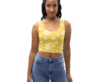 Yellow Daisy Crop Top: Retro 70s Floral Sleeveless Top - Buttery Soft