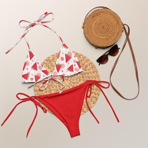 Women&#39;s Red Watermelon Buttery Soft Recycled String Bikini With UPF 50+