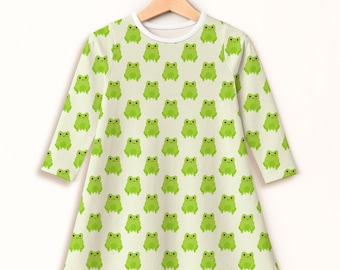Girls' Frog Print Long Sleeve Dress, Kids Animal Clothing