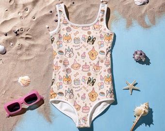 Girls Puppy Birthday Swimsuit, Puppy Party One Piece, Cute Dog Bathing Suit
