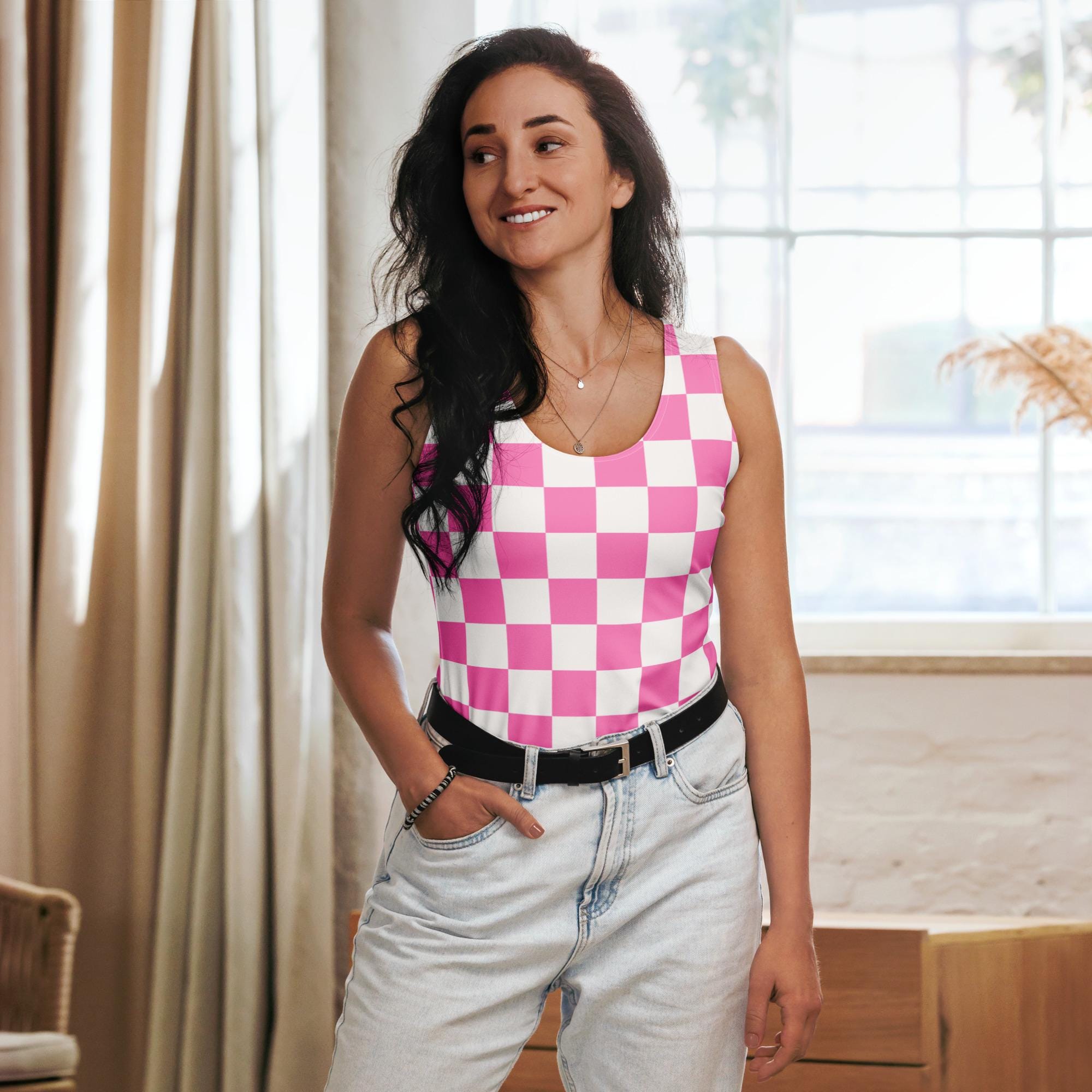 Women's Pink Checkerboard Buttery Soft Tank Top With UPF 50+