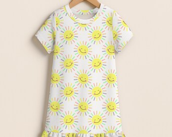 Girls Sunshine Smile Face Short Sleeve Ruffle Hem Dress