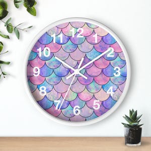 Girls Mermaid Scales Silent Wood Wall Clock, Pastel Ocean Clock, Sea Room Decor
