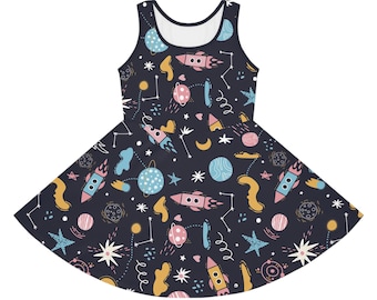 Girls Outer Space Dress | Sleeveless Sundress | Cute | Solar System | Constellations | Universe | Astronaut Dress