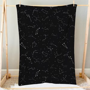 May include: A black and white constellation print blanket with a white background and black constellations. The blanket is hanging on a wooden stand.