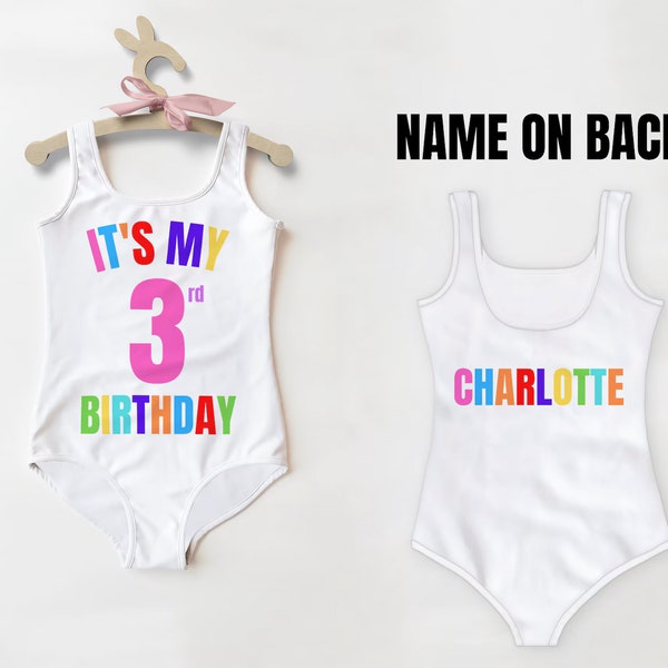 Girls Custom Age It's My Birthday Swimsuit With Name On Back | UPF 50+ UV Sun Protection | Toddler Bathing Suit | Cute | Quick Drying