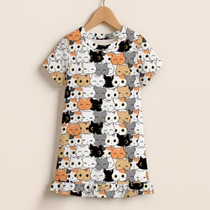 Girls Cat Print Short Sleeve Ruffle Hem Dress