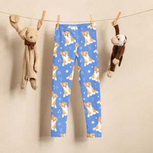 Kids Blue Corgi Dog Buttery Soft Leggings, Puppy Leggings For Children, Dance Leggings, Gymnastics Leggings, Cheer Leggings
