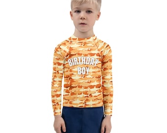 Boys Custom Orange Shark Birthday Boy Rash Guard Swim Shirt With Age On Back