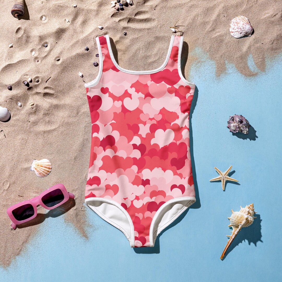 Girls Pink Heart Cloud Swimsuit, Kids One Piece Bathing Suit, Pink ...