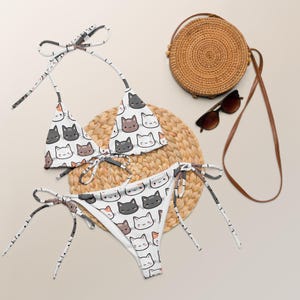 Women’s Cat Print String Bikini: Recycled Fabric Swimsuit, UPF 50+