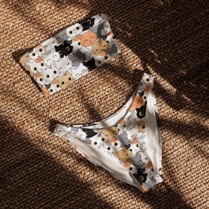 Women&#39;s Cat Bandeau Bikini, Recycled Strapless Swimsuit Set, Cute Cartoon Kitty V-Cut Bottom, Eco Friendly Swimwear