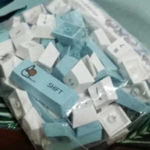 May include: A plastic bag filled with a variety of blue and white keycaps for a mechanical keyboard. The keycaps have different letters and symbols printed on them, including a "SHIFT" keycap.