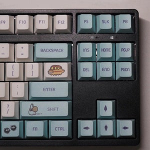 May include: A black keyboard with blue and white keys. The keys have various symbols and letters printed on them. Some keys have illustrations of a cartoon character, a rabbit, and a flower.