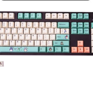 May include: A black mechanical keyboard with white and light blue keycaps. The keycaps have a Totoro theme with images of the character on some of the keys. The keyboard has a number pad and function keys.