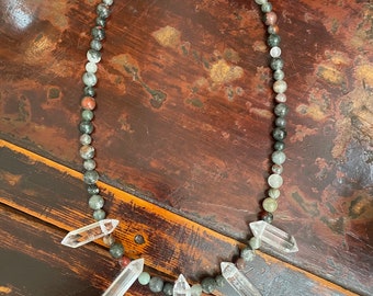 Natural Bloodstone Necklace with Quartz Crystal Points