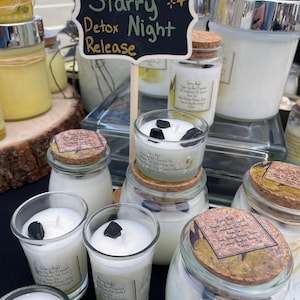 Starry night Candles. Handmade Organic Soy Wax, Essential Oils of sandalwood, Palo Santo, anise star with black obsidian Crystals.