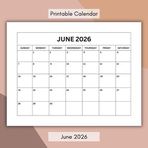 May include: A printable calendar for June 2026. The calendar is in a simple, clean design with a white background and black text. The days of the week are listed across the top, and the dates are arranged in a grid. The text "Printable Calendar" is at the top.