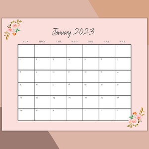 January 2023 Printable Calendar PDF PNG JPG Digital Download Pink Flowers Month Planner New Year January Calendar Minimal Pastel Style 1 image 1