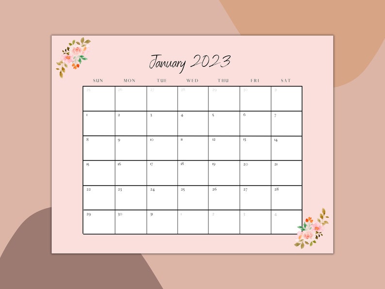 January 2023 Printable Calendar PDF PNG JPG Digital Download Pink Flowers Month Planner New Year January Calendar Minimal Pastel Style 1 image 1