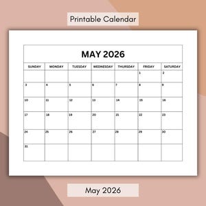 Peut inclure: Calendrier imprimable de mai 2026, avec une grille affichant les jours de la semaine. Le mois et l'année sont clairement indiqués. Le fond est de couleur neutre et douce.