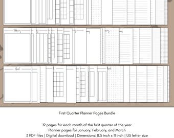 Monthly Planner Pages Bundle (PDF) | First Quarter of the Year | 3 Months - January, February, March