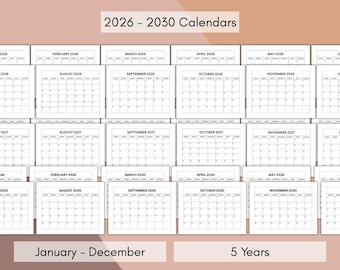 2026 till 2030 Calendar Bundle - Monthly Calendars (PDF)