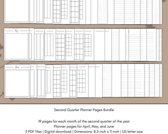 Monthly Planner Pages Bundle (PDF) | Second Quarter of the Year | 3 Months - April, May, June