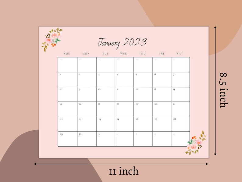 January 2023 Printable Calendar PDF PNG JPG Digital Download Pink Flowers Month Planner New Year January Calendar Minimal Pastel Style 1 image 2