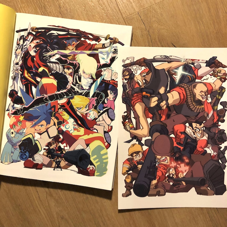 Op de afbeelding: Een kleurrijke illustratie met een groep personages uit de anime-series 'Kill la Kill' en 'Team Fortress 2'. De personages zijn afgebeeld in een dynamische pose, met levendige kleuren en ingewikkelde details.